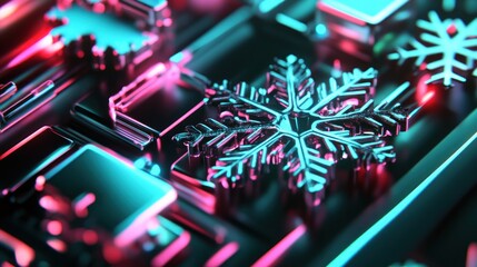 Futuristic snowflake design in glowing neon hues.