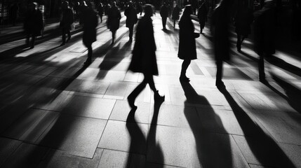 A crowd of people walking on a sidewalk, their shadows elongated by the sun.