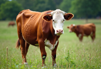 A curious brown and white cow gazes intently from a lush green pasture on a sunny day