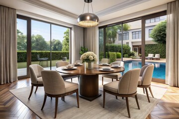 Fototapeta premium Elegant Dining Room with Round Table and Chairs Overlooking Pool Through Large Windows - Cozy Interior Design, Modern Decor, Bright Space, Relaxing Atmosphere