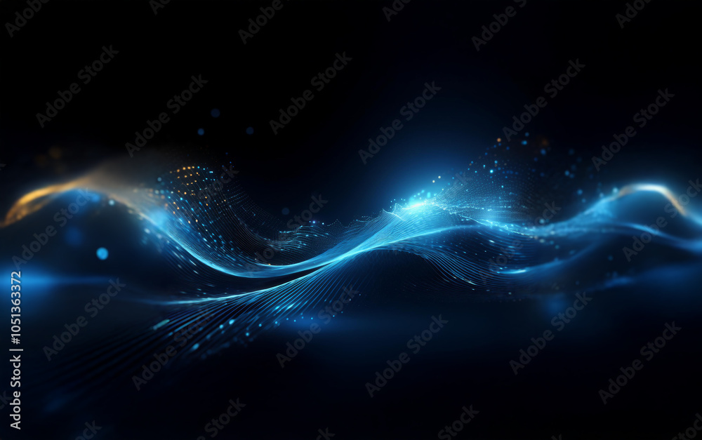 Poster abstract blue and gold wave design with glowing particles on a dark background.