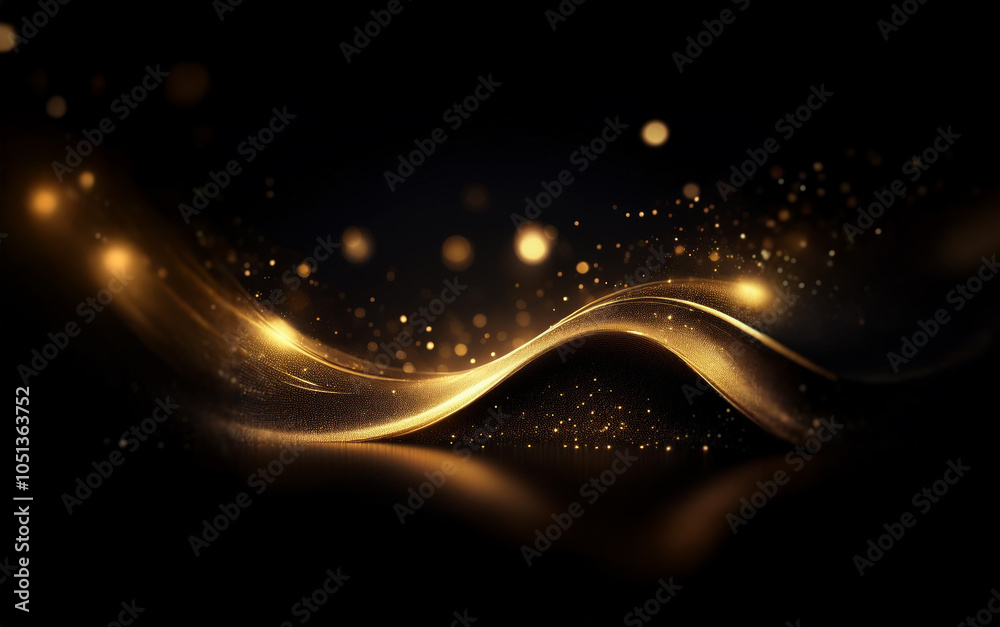 Poster a golden wave flows across a black background, sparkling with light.