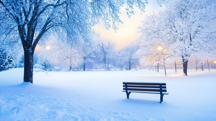 Snow-Covered Bench in a Park with Snow on Trees and Cool Blue Light, Ideal for Winter Mobile Wallpaper