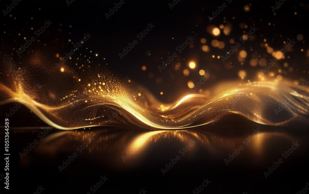 Aufkleber a flowing wave of golden light and particles against a black background, with a subtle bokeh effect.