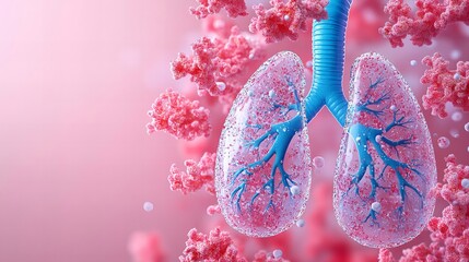 3d illustration of human lungs with bronchi and alveoli in a pink abstract background