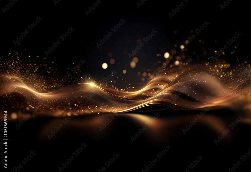 Poster Abstract background with a golden wave and sparkling particles, against a black backdrop.