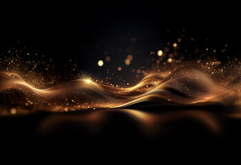 Obraz premium Abstract background with a golden wave and sparkling particles, against a black backdrop.