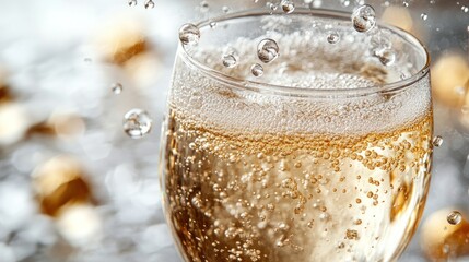 A close-up of a sparkling drink with bubbles and a festive background.