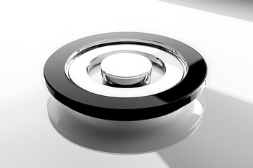 A minimalist spin wheel in solid black and white, placed on a reflective glass surface with gentle lighting from above.