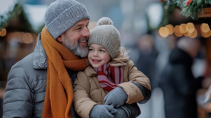 Obraz premium A joyful moment between a grandfather and granddaughter at a festive market during winter.
