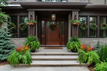 Fototapeta premium Charming rustic wreaths adorned with acorns and autumn decorations, welcoming you at the front of the house.