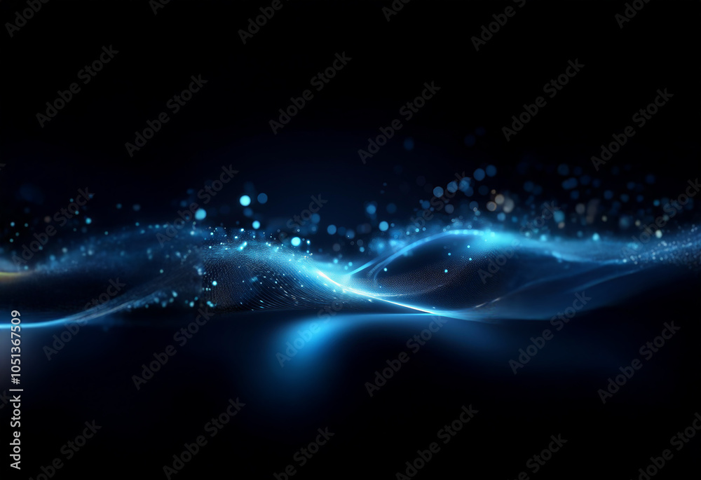 Poster abstract digital art with a blue glow and shimmering particles against a black background.