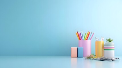 Fototapeta premium Colorful stationery and creative supplies against a blue background