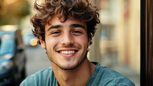 A young man with curly hair smiles broadly while looking directly at the camera