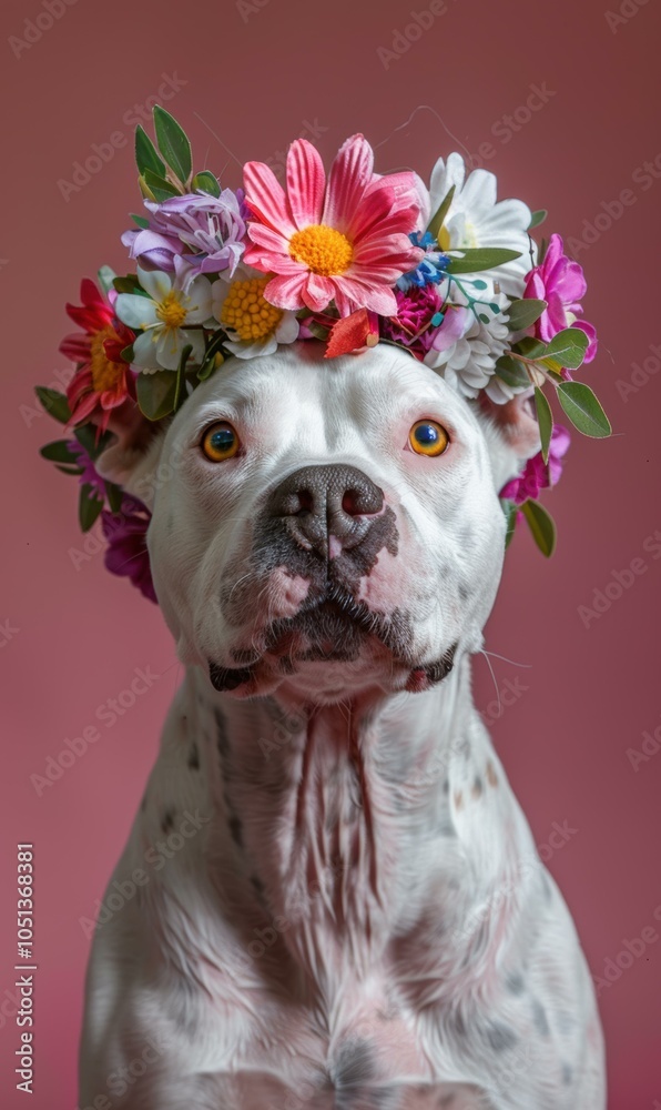 Poster A white dog wearing a flower crown. AI.