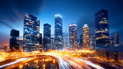 Fototapeta premium Vibrant cityscape illuminated at night