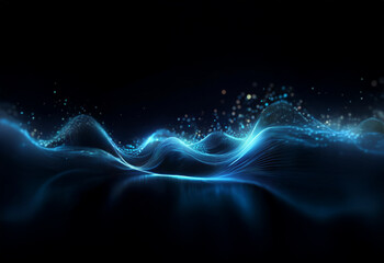 Fototapeta premium Abstract digital waves of light shimmer and pulse on a black background.