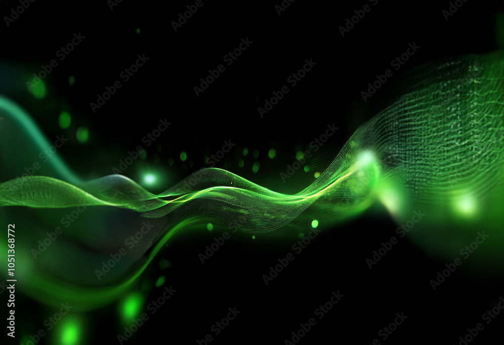 Aufkleber abstract green wave with glowing dots on a dark background.