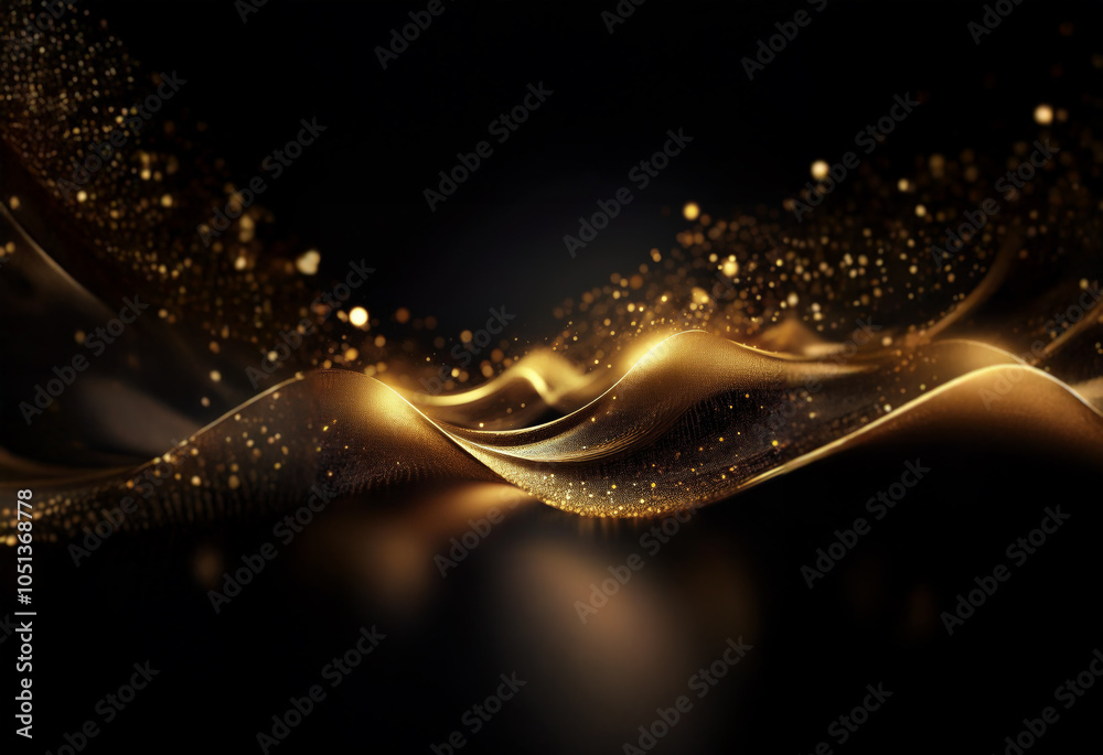 Aufkleber Abstract black background with a golden wave and sparkling particles.