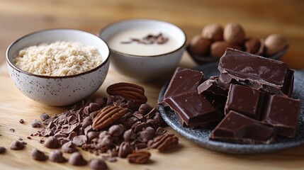 Ingredients for a chocolate dessert display on a wooden surface.