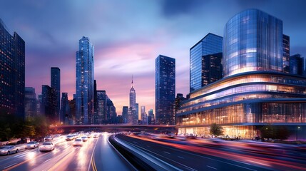 Obraz premium Vibrant urban cityscape at dusk with dynamic traffic