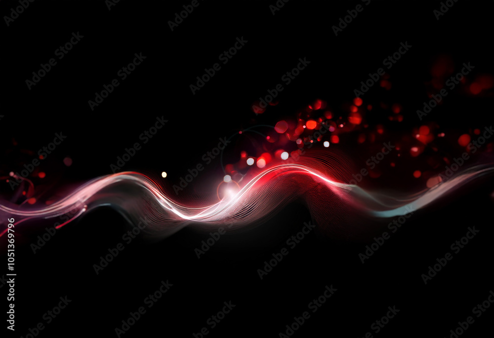 Poster A red and white abstract wave glows brightly against a black background with scattered white and red bokeh.