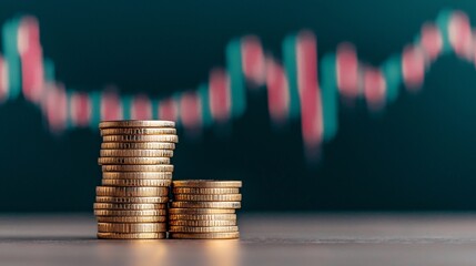 Stacked gold coins in focus with a blurred line graph in the background, symbolizing finance, investment, and economic growth.