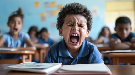 Obraz premium In a lively classroom full of chatter, a boy screams in frustration, highlighting the struggles of student life