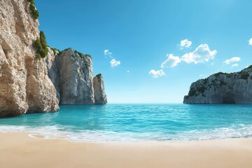 Naklejka premium Stunning beach with cliffs, clear water, and bright blue sky; perfect for relaxation and escape.