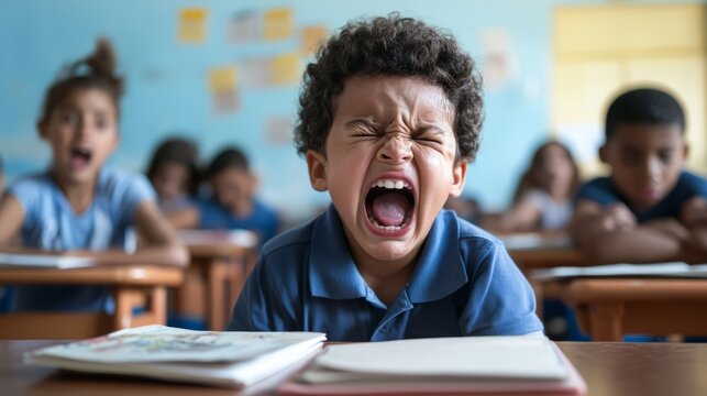 In a lively classroom full of chatter, a boy screams in frustration, highlighting the struggles of student life