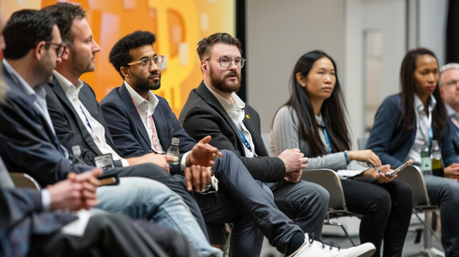 Diverse audience engaged in the topic tech conference panel discussion on the future of Bitcoin. Cryptocurrency finance, virtual money wallet, modern payment methods. New digital currency