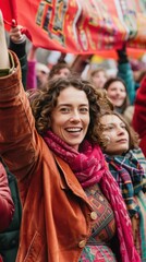 Fototapeta premium A woman smiles while holding up a red flag at a rally. AI.
