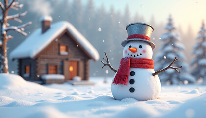 A snowman adorned with a shiny silver bucket on his head, surrounded by soft white snow and falling snowflakes. The snowman has a cheerful expression