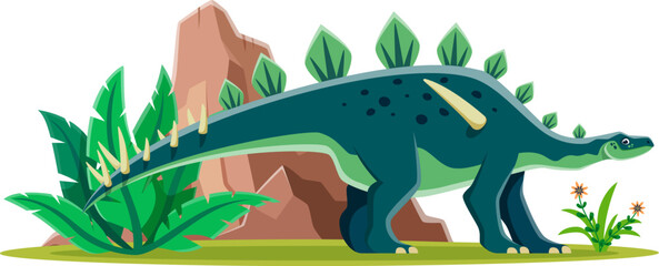 Obraz premium Lexovisaurus prehistoric dinosaur character. Cartoon vector herbivore dino reptile with spinal plates and tail spikes wandering in natural landscape with ferns and rocks at Middle Jurassic period