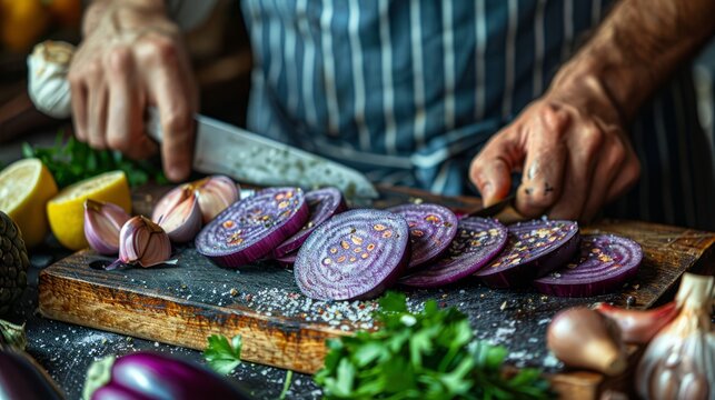 A skilled chef cuts through vibrant purple eggplant and shallots, surrounded by fresh herbs and a bright lemon, capturing the essence of culinary creativity
