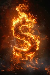 The blazing dollar sign glows intensely against a dark backdrop, embodying themes of ambition and prosperity as flames envelop it in a mesmerizing display