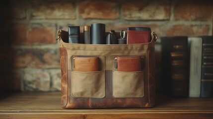 A stylish bag filled with various tools and notebooks.