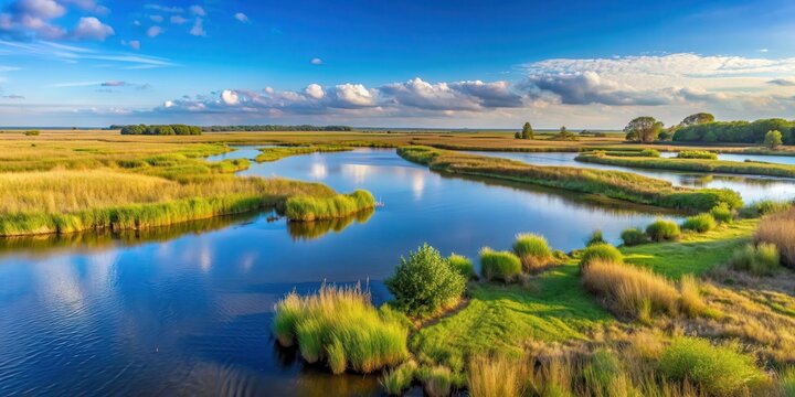 Panoramic view of the Langwarder Groden marshlands in Budjadingen, Germany, marshlands, Budjadingen, Germany