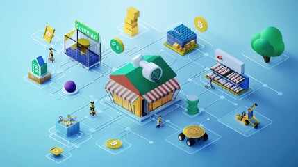 Fototapeta premium Blockchain Integration in SMEs: A 3D and Vector Visual Journey