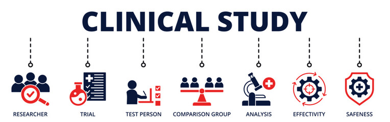 Clinical study banner web icon for business with researcher, trial, test person, comarison group, analysis, effectivity, safeness