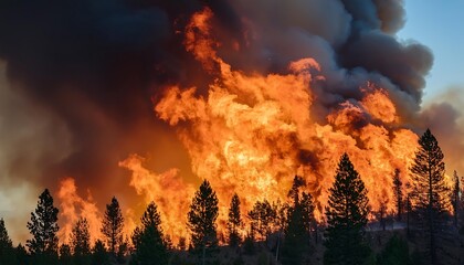 Fototapeta premium Fiery inferno engulfs the once lush forest