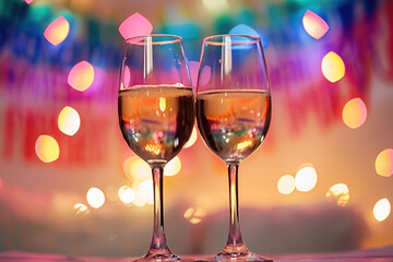 Two glasses with champagne or wine on bright bokeh background. Celebration of holiday or romantic date concept
