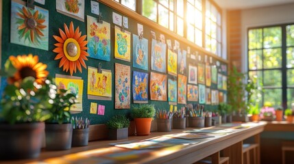 Colorful art display in a bright, creative workspace.