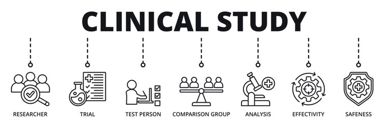 Naklejka premium Clinical study banner web icon for business with researcher, trial, test person, comarison group, analysis, effectivity, safeness