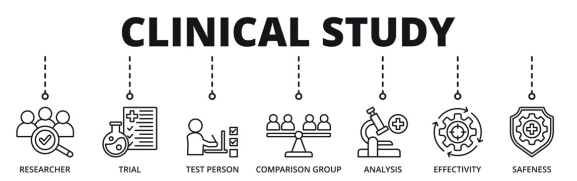 Clinical study banner web icon for business with researcher, trial, test person, comarison group, analysis, effectivity, safeness