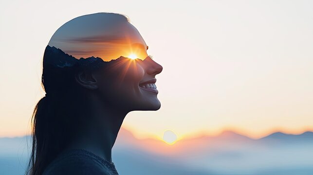 Silhouette of a woman with a sunset reflected in her profile, serene and inspiring moment.