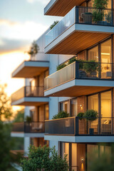 Fototapeta premium A modern multi-story building with balconies, featuring a combination of white and brown exterior walls, large windows, and outdoor furniture