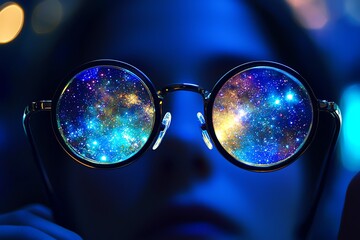 Reading glasses with universe reflections in the lenses, constellation frames, cosmic vision aid, starlit eyewear