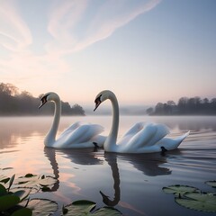 Fototapeta premium Capture the serene beauty of nature with this stunning high-resolution image of a pair of graceful swans gliding across a misty lake at sunrise.