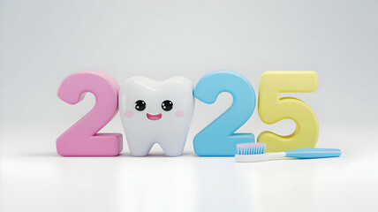 Fototapeta premium Happy tooth character with colorful 2025 numbers on light background. Dental health and New Year theme. Ideal for banners, greeting cards, and dental clinic promotions.